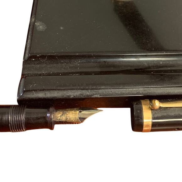 Vintage Sheaffers Black Fountain Pen Glass Base Inkwell Desk Stand Writing Set - Picture 5 of 8